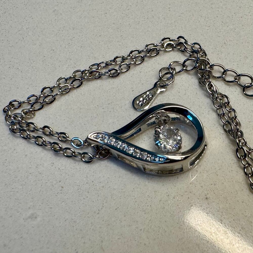 S925 Teardrop Dancing CZ Pendant Necklace Silver Tone